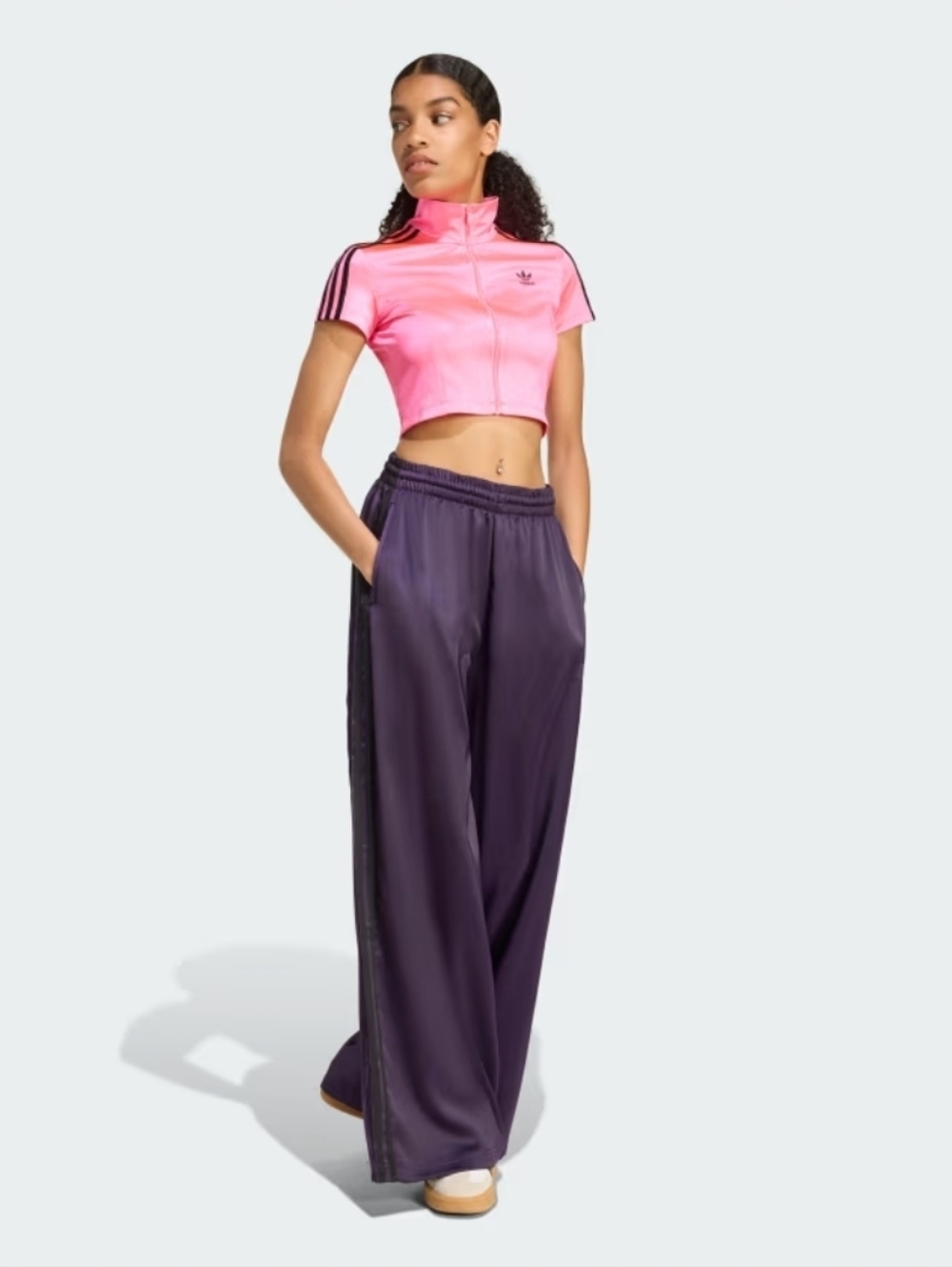 adidas Adicolor Satin Wide Leg Purple Track Pants Black Stripes Size 10 Athletic